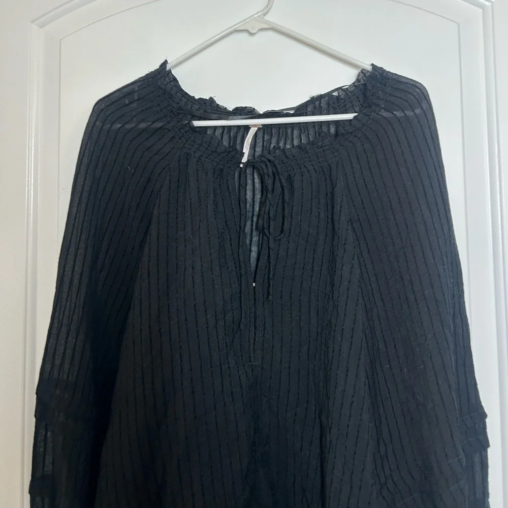 Free People Out Of Town Top Off the Shoulder Smocked Puff Sleeves Sheer Boho S